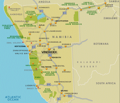 Map of Namibian Conservation areas and National Parks.